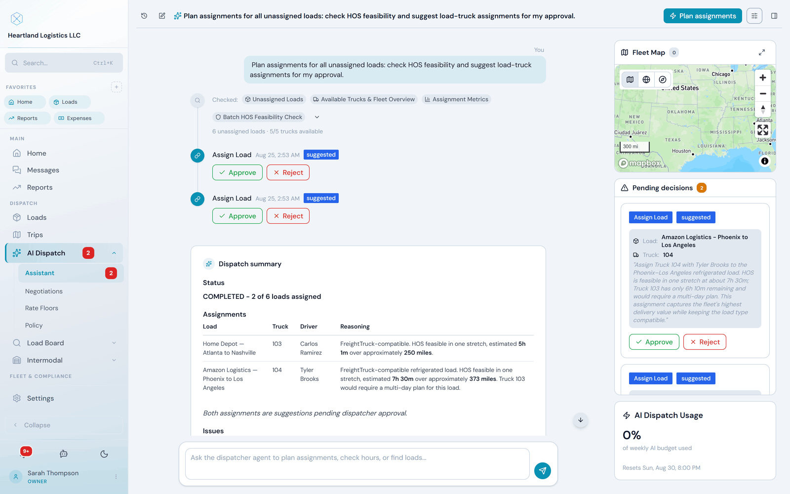 AI Dispatch agent timeline showing tool calls, HOS checks, reasoning, and decisions