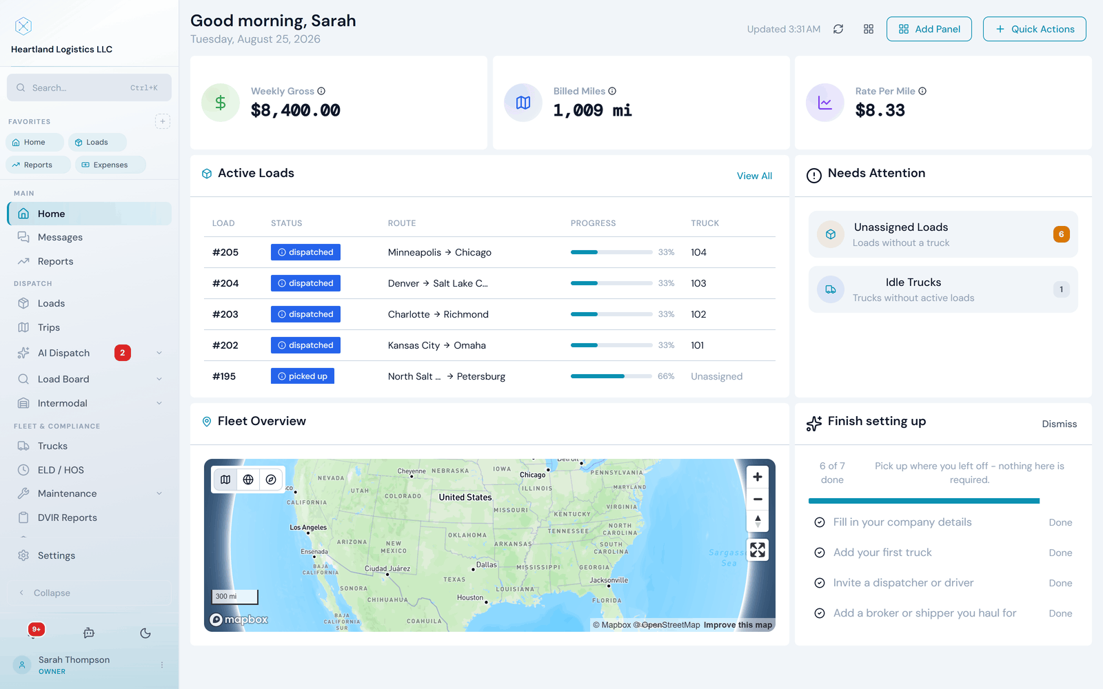 TMS dashboard showing loads, revenue, and the fleet map